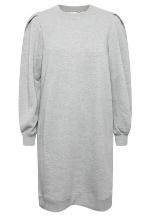 Grijze sweatshirt jurk, lange mouwen, geplooide schouderdetails, ronde hals, zachte textuur, knie-lengte, en ribbelmanchetten en -zoom.
