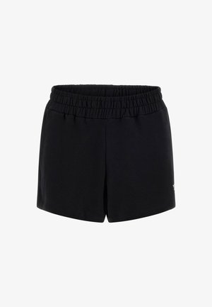Sorte shorts med elastisk talje og en glat, blød tekstur. Simpelt design uden lommer, med en diskret logo detalje ved kanten.
