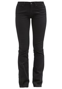 Jeans de mezclilla negra con un corte ajustado, diseño de cinco bolsillos, acentos de costura y cierre clásico con cremallera y botón. Textura suave, tela ligera.