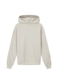 Lichtbeige hoodie met lange mouwen en kleine, centraal geplaatste tekst "TOMORROWLAND" in lichtpaars op de borst.