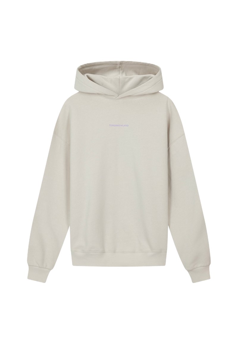 Lichtbeige hoodie met lange mouwen en kleine, centraal geplaatste tekst "TOMORROWLAND" in lichtpaars op de borst.