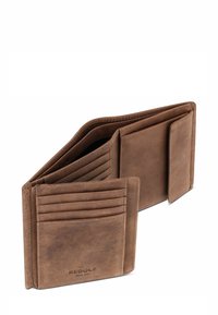 Bruine leren bifold portemonnee met meerdere kaartsleuven, een muntvak met flap en een open biljetcompartiment.