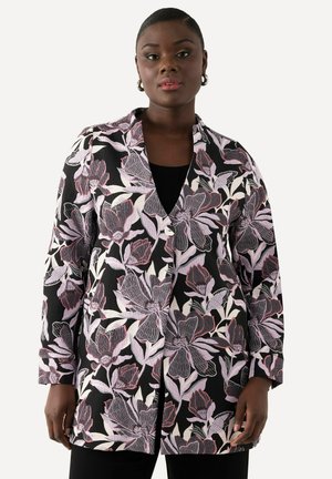 Schwarzer Blumenblazer mit rosa und grauen Blumen. Glattes Material, lange Ärmel und ein Reverskragen. Hat einen lässigen Schnitt und ein offenes Design.