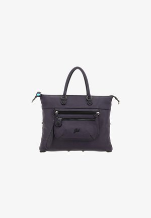 Borsa tote in pelle viola con manici doppi, tasca esterna con zip e texture liscia. Presenta un logo e dettagli in hardware blu.