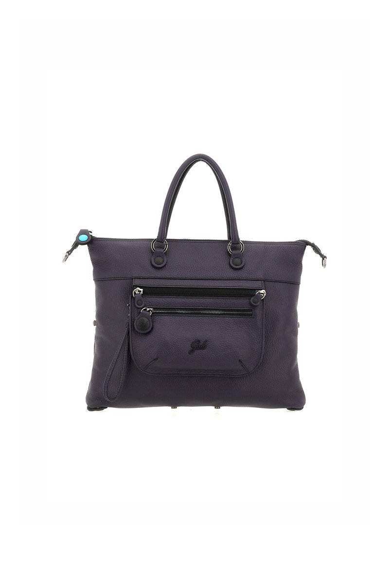Borsa tote in pelle viola con manici doppi, tasca esterna con zip e texture liscia. Presenta un logo e dettagli in hardware blu.