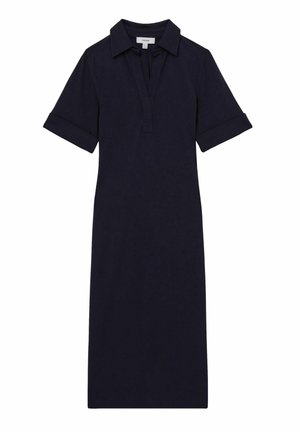 Robe midi en coton navy avec un col et des manches courtes retroussées, dotée d'un boutonnière au niveau du cou pour un ajustement décontracté. Design simple et uni.