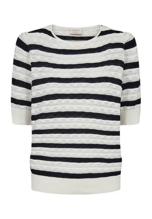 Gebreide top met korte mouwen en afwisselend zwarte en witte horizontale strepen met textuur, en geribbelde boorden aan de mouwen en zoom.