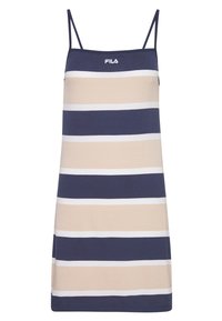 Pasiasta sukienka FILA w kolorach granatowym, beżowym i białym, z cienkimi ramiączkami i prostym, bezrękawnikowym krojem. Wykonana z miękkiej bawełny.