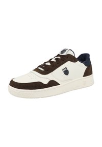 White leather sneakers with brown suede accents, round toe, lace-up design, and textured rubber sole. Features a logo on the side.