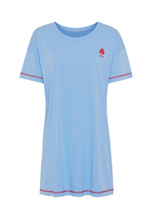 Light blue short-sleeve T-shirt with a round neckline, featuring red accents on sleeves and hem, and a small red ace of spades logo.