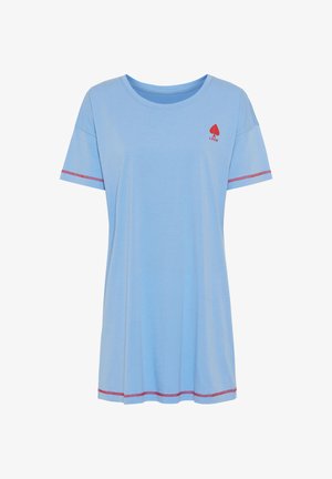 Heledsinine lühikeste varrukatega T-särk ümmarguse kaelusega, millel on punased aktsendid varrukatel ja alläärtes ning väike punane moetkaart logo.