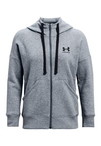 Sweat à capuche gris zippé en molleton doux. Comprend une capuche, deux poches avant, des cordons noirs, et un logo Under Armour sur la poitrine.