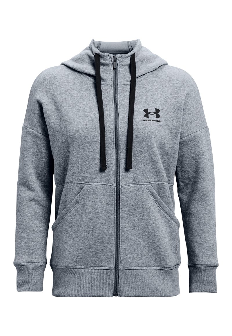 Sweat à capuche gris zippé en molleton doux. Comprend une capuche, deux poches avant, des cordons noirs, et un logo Under Armour sur la poitrine.