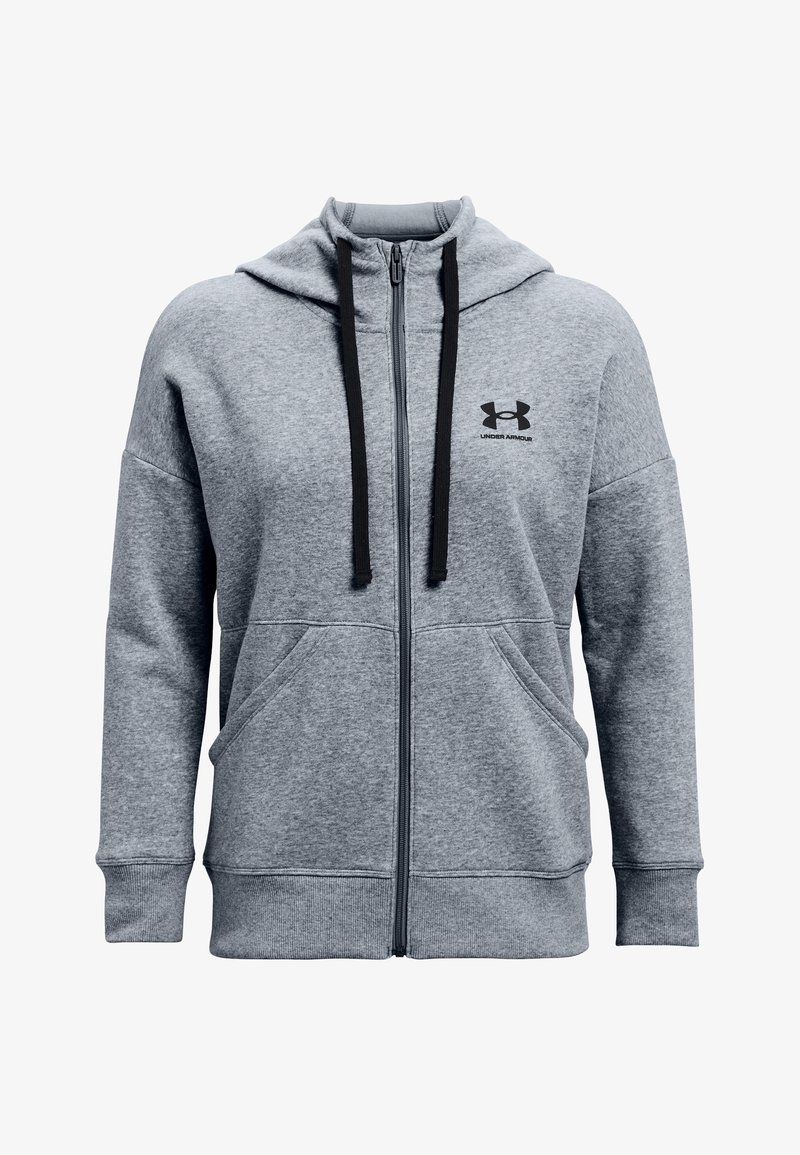 Sweat à capuche gris zippé en molleton doux. Comprend une capuche, deux poches avant, des cordons noirs, et un logo Under Armour sur la poitrine.