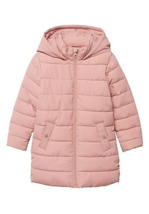 Růžový zateplený kabát s kapucí, vybavený předním zipem, dvěma bočními kapsami a vodorovným prošíváním pro texturu. Hladký, lehký materiál.