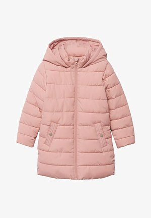 Růžový zateplený kabát s kapucí, vybavený předním zipem, dvěma bočními kapsami a vodorovným prošíváním pro texturu. Hladký, lehký materiál.