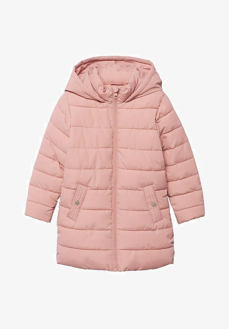 Růžový zateplený kabát s kapucí, vybavený předním zipem, dvěma bočními kapsami a vodorovným prošíváním pro texturu. Hladký, lehký materiál.