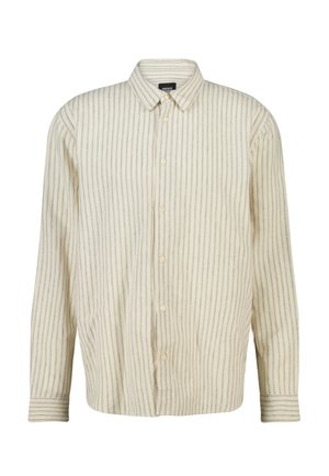 Beige overhemd met lange mouwen en knopen, voorzien van dunne verticale grijze strepen en een klassieke kraag, getoond op een witte achtergrond.