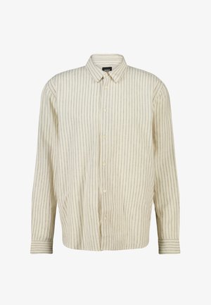 Beige overhemd met lange mouwen en knopen, voorzien van dunne verticale grijze strepen en een klassieke kraag, getoond op een witte achtergrond.