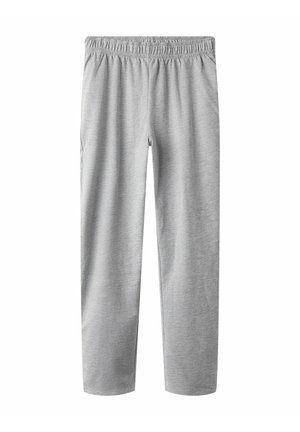 Valgehallid elastse vöökohaga vabaaja püksid sirgete säärtega, valmistatud pehmest kootud kangast, mõeldud mugavuseks ja igapäevaseks kandmiseks.