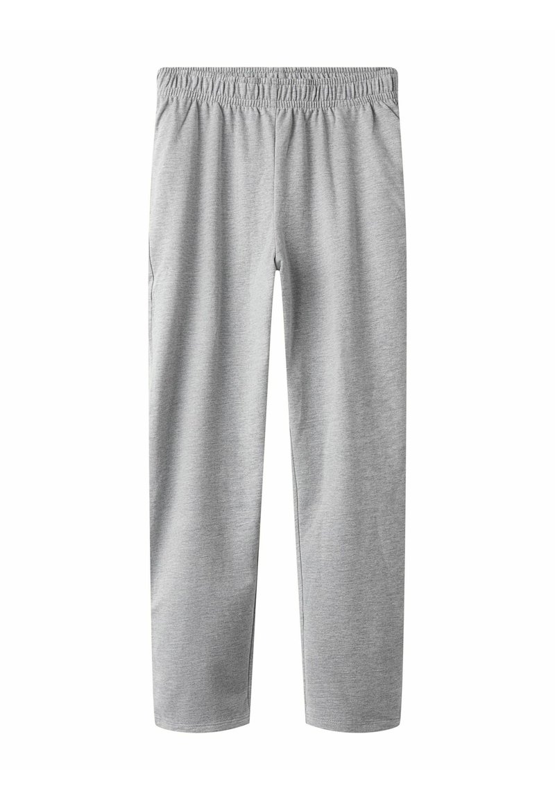 Grå sweatpants med elastisk midjeband, tillverkade av mjukt tyg, med rak passform och utan synliga fickor eller dekorationer.