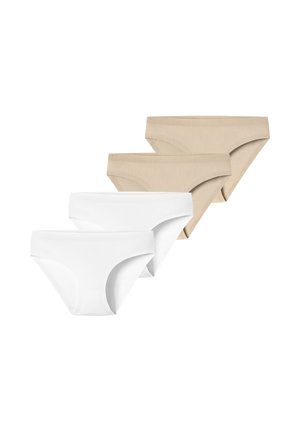 Quatre culottes bikini pour femmes en beige et blanc, disposées en deux rangées sur un fond blanc.