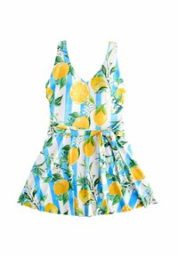 Limonen-musterkleid mit V-Ausschnitt, blau-weiß gestreitem Hintergrund und tailliertem Schnitt. Aus leichtem Stoff gefertigt, mit ausgestellt Rock.