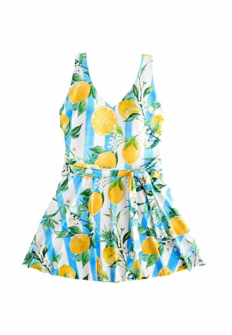 Limonen-musterkleid mit V-Ausschnitt, blau-weiß gestreitem Hintergrund und tailliertem Schnitt. Aus leichtem Stoff gefertigt, mit ausgestellt Rock.