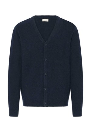 Navyblauwe cardigan gemaakt van zacht gebreid materiaal. V-hals ontwerp met zes knopen aan de voorkant en geribbelde manchetten.