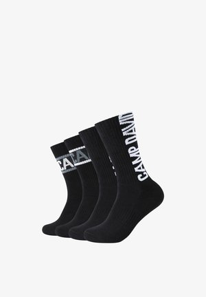 Sorte bomuldsstrømper sæt med ribbede teksturer. "CAMP DAVID" logoet er vist i hvidt på kanten af to par, mens de andre har en kontrasterende grå farve.