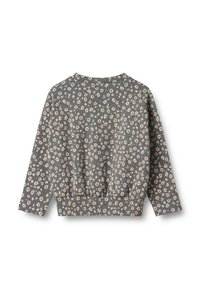 Pelēks garām piedurknēm džemperis ar mazu bēša un rozā ziedu rakstu, pieguļošās jostasvietas un apaļu kakla izgriezumu, attēlots no mugurpuses.