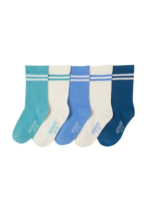 Fünf Paar mid-calf Socken in den Farbtönen Türkis, Weiß, Hellblau, Weiß und Marineblau, jeweils mit zwei horizontalen Streifen nahe dem oberen Rand.