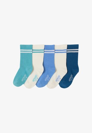 Five pairs of mid-calf socks in shades of teal, white, light blue, white, and navy, each with two horizontal stripes near the top.