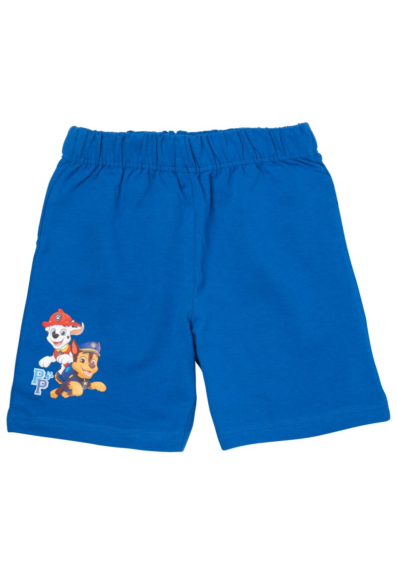 Blue cotton shorts with an elastic waistband featuring a graphic of two cartoon dogs on the left leg. Soft texture with stitched hems.