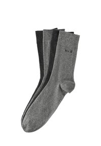 Drei Paar graue Socken in verschiedenen Farbtönen mit weicher Textur. Sie verfügen über ein geripptes Design und haben das "H.I.S"-Logo auf einem Paar.