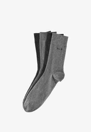 Three pairs of grey socks, varying shades, with a soft texture. Features a ribbed design and includes "H.I.S" logo on one pair.