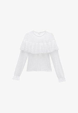 Witte lange mouwen top met gelaagd ruffle ontwerp op de borst, gestructureerde stof en elastische manchetten, met een ronde halslijn.