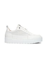 White sneakers featuring a smooth leather body with textured reptile pattern accents, flat laces, and a thick, ridged rubber sole.