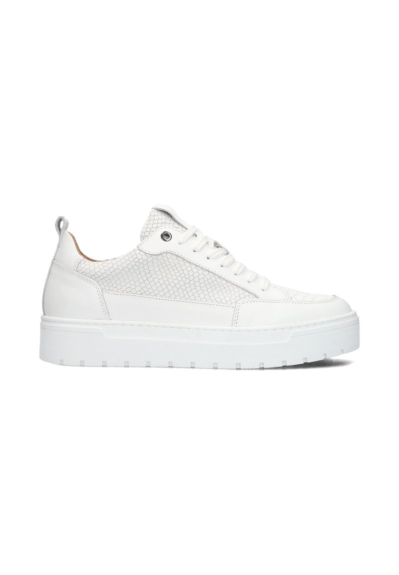White sneakers featuring a smooth leather body with textured reptile pattern accents, flat laces, and a thick, ridged rubber sole.