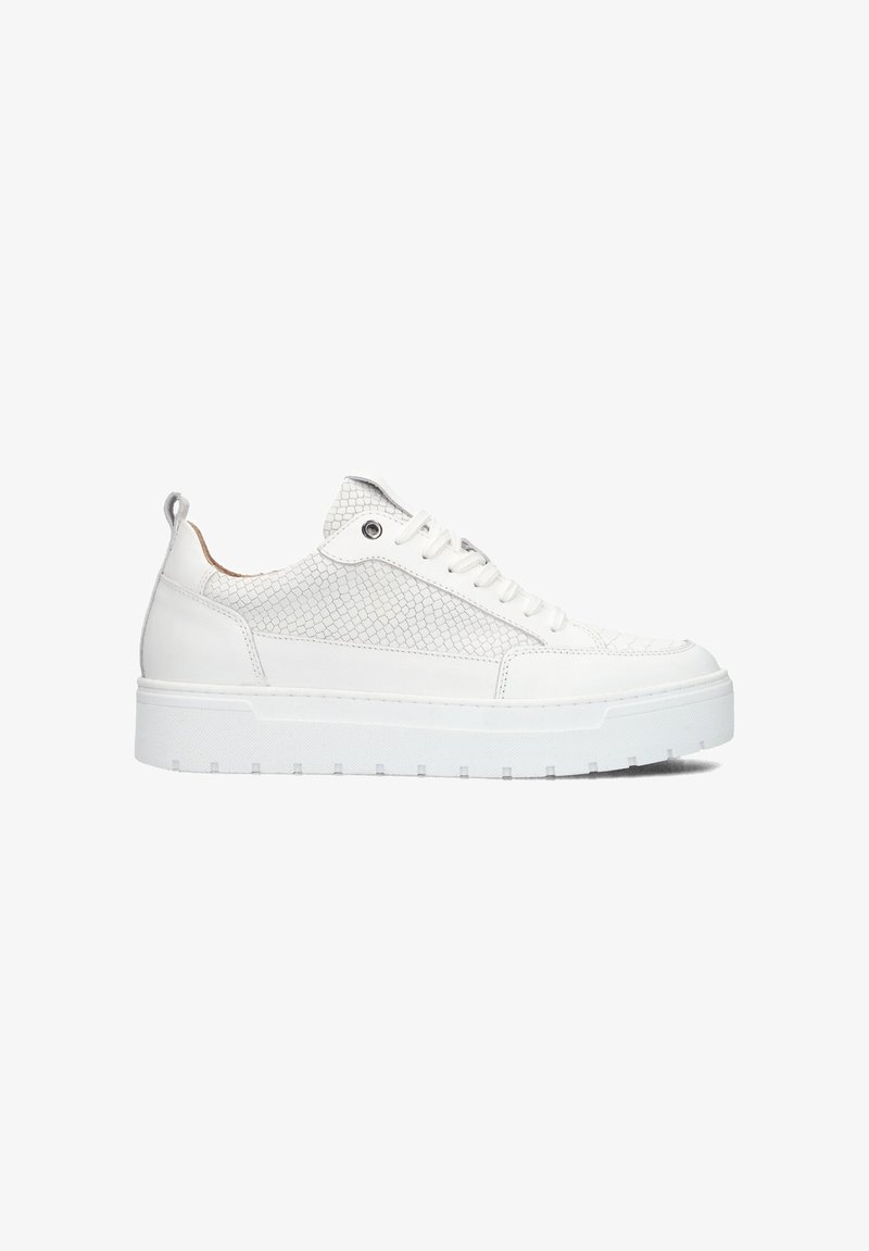 White sneakers featuring a smooth leather body with textured reptile pattern accents, flat laces, and a thick, ridged rubber sole.