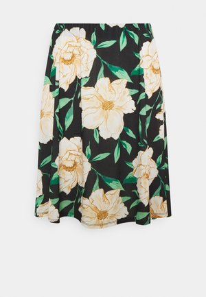 Falda floral negra con grandes peonías crema y hojas verdes, cinturilla elástica y diseño fluido. Textura de tela ligera.