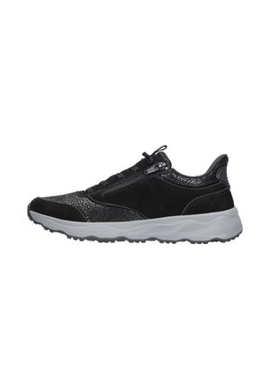 Black and gray sneaker with textured upper, side zipper, and thick sole designed for casual or athletic use.