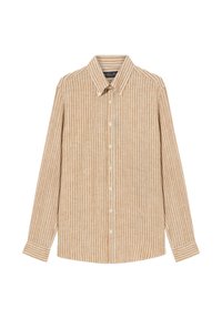 Camicia a maniche lunghe con bottoni di colore marrone chiaro e strisce verticali bianche, caratterizzata da un colletto classico e un tessuto morbido e testurizzato.