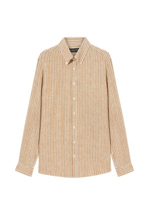 Lange mouw knoopshirt in lichtbruin met witte verticale strepen, met een klassieke kraag en zachte, gestructureerde stof.