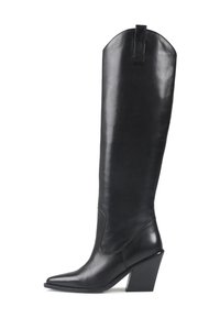 Black knee-high leather boot with a pointed toe and angular heel. Smooth texture with a tall shaft and subtle side stitching detail.