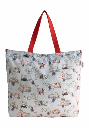Reusable tote bag with red handles, featuring illustrations of buildings, dogs, people walking, and vintage vehicles on a light background.