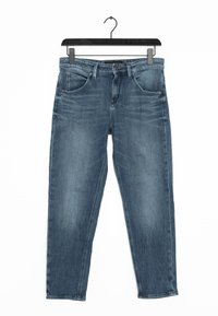 Donkerblauwe denim jeans met een rechte snit, voorzien van vijf zakken, een knoopsluiting en subtiele vervaging op de stof.