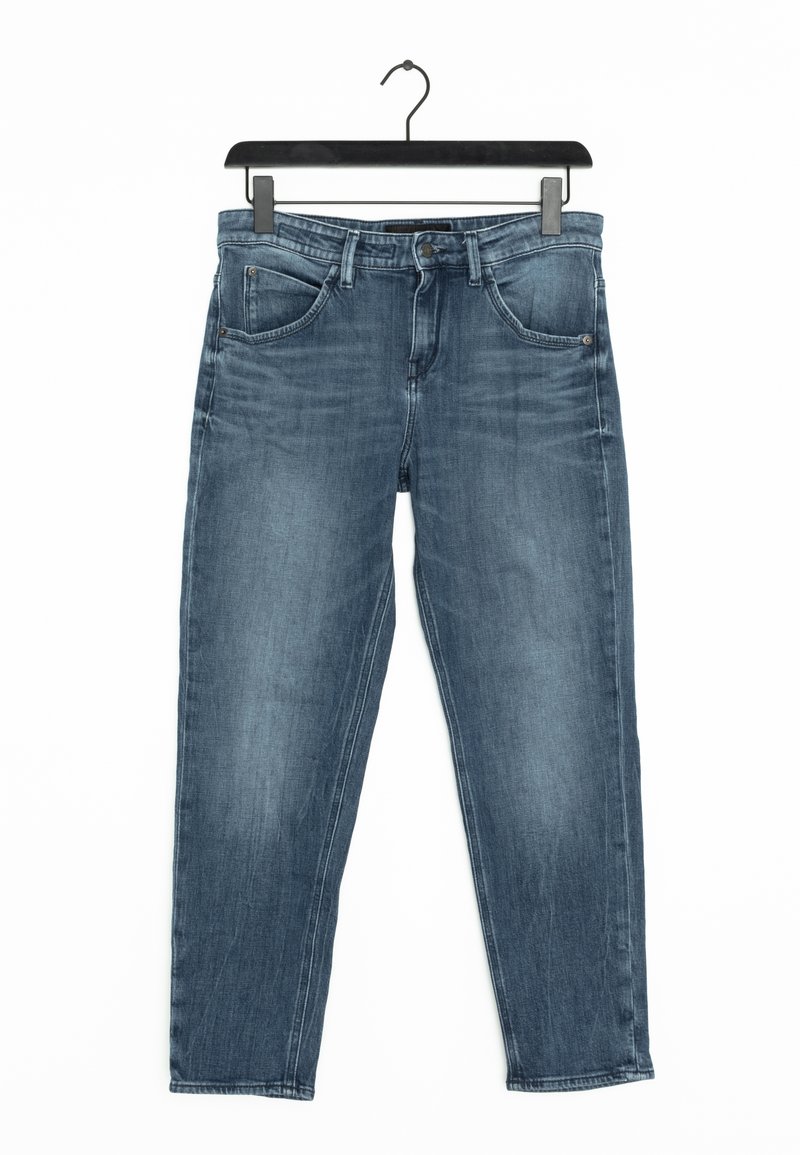 Donkerblauwe denim jeans met een rechte snit, voorzien van vijf zakken, een knoopsluiting en subtiele vervaging op de stof.