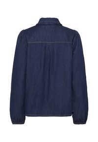 Dark denim jacket with a structured collar, puffed sleeves, and gathered cuffs. Features a smooth texture and contrasting stitching along seams.