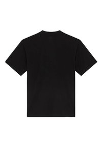 T-shirt noir uni à manches courtes et col rond, vu de dos, avec un ourlet droit et une coupe standard.
